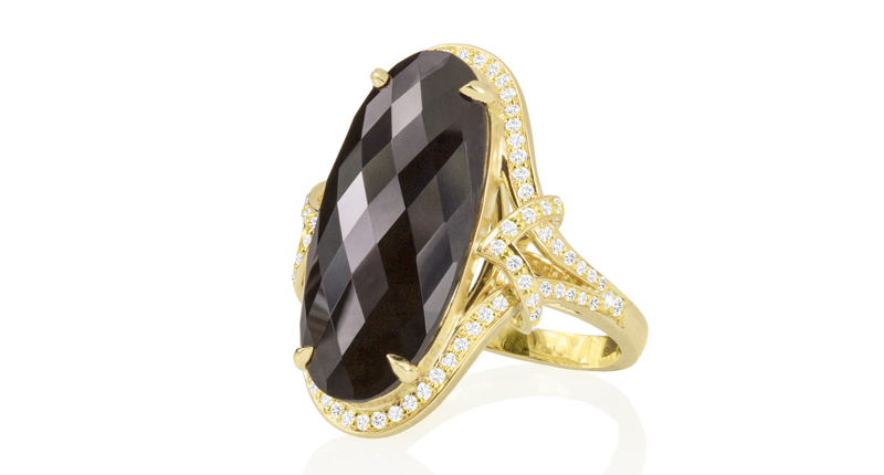 Carelle’s “After Dark” black spinel oval ring in 18-karat yellow gold with 17-carat black spinel center stone surrounded by diamonds ($4,985) <br /><a href="http://www.carelle.com/" target="_blank">Carelle.com</a>