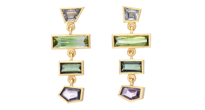 Era Jewelry’s 14-karat yellow gold "Grande Interlock" earrings with specially cut sapphires and tourmalines ($1,998)