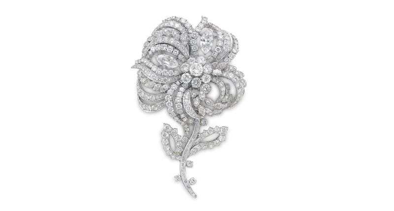 A diamond and platinum flower brooch, with detachable stem by Harry Winston, sold for $75,000.<br /><em>Image courtesy of Christie’s Images Ltd. 2016</em>