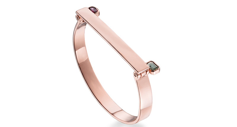 Leslie Paige’s Double Screw bangle in 14-karat rose gold with rhodolite garnet and green tourmaline ($5,000)
