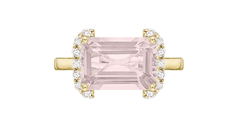 From Arya Esha’s Galaxy collection, the Lara mini ring features a 3.61-carat rose quartz accented with 0.21 carats of diamonds in recycled 14-karat yellow gold ($1,500).