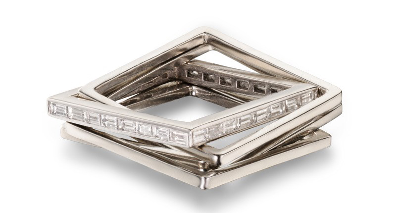 Five Band Puzzle ring in 14-karat white gold with diamond baguettes ($6,000)
