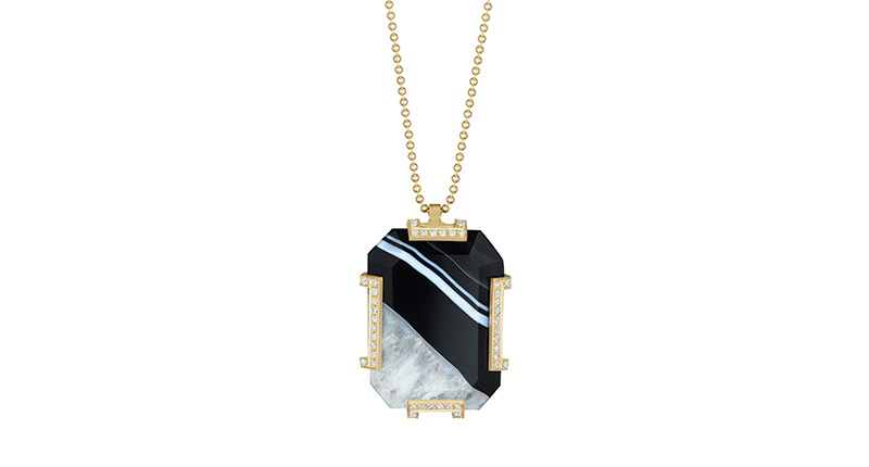 This pendant from Doryn Wallach features marbled agate and 0.32 carats of pave diamonds made in 18-karat satin yellow gold ($8,780).