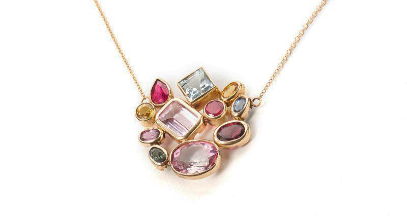 Bezel Cluster necklace in 14-karat yellow gold with kunzite, rhodolite garnet, aquamarine and multicolored sapphires (price available upon request)