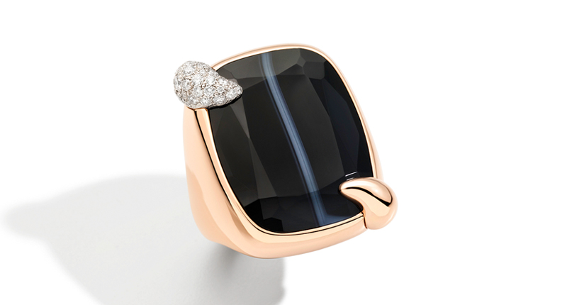 This ring from Pomellato’s Ritratto collection celebrating its 50th anniversary boasts a black and white “tuxedo” agate and diamonds in 18-karat rose gold ($11,500).