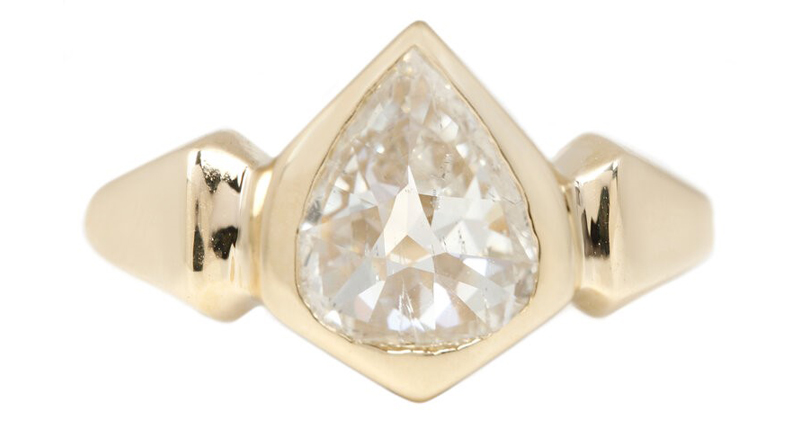 The "Lighthouse Diamond Ring" with a 2.45-carat hybrid pear-shaped white diamond in 18-karat yellow gold from Lauren Wolf Jewelry. Wolf founded Melee with fellow jewelry designer Rebecca Overmann.