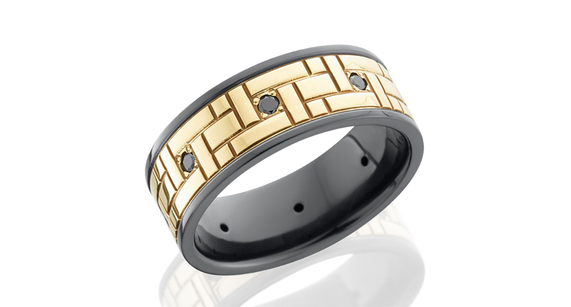 Lashbrook zirconium band with 14-karat yellow gold inlay detailed with a Versailles pattern and eight black diamonds spaced evenly around the band ($1,700) <br /><a href="http://www.lashbrookdesigns.com" target="_blank">LashbrookDesigns.com</a>