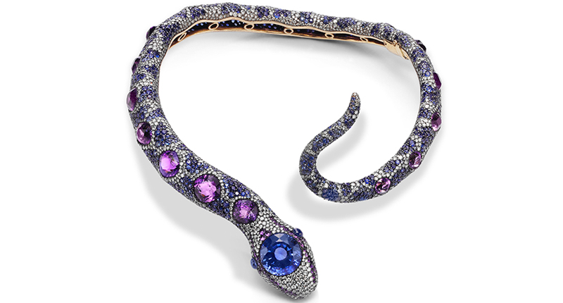 This snake necklace from American designer Joel Arthur Rosenthal will be on display in “Beautiful Creatures” in a new temporary exhibition space in American Museum of Natural History’s renovated gem and mineral halls. Created in 1990, JAR’s piece features pave-set sapphires, amethysts and diamonds in silver and gold. (Photo credit: FD Gallery)
