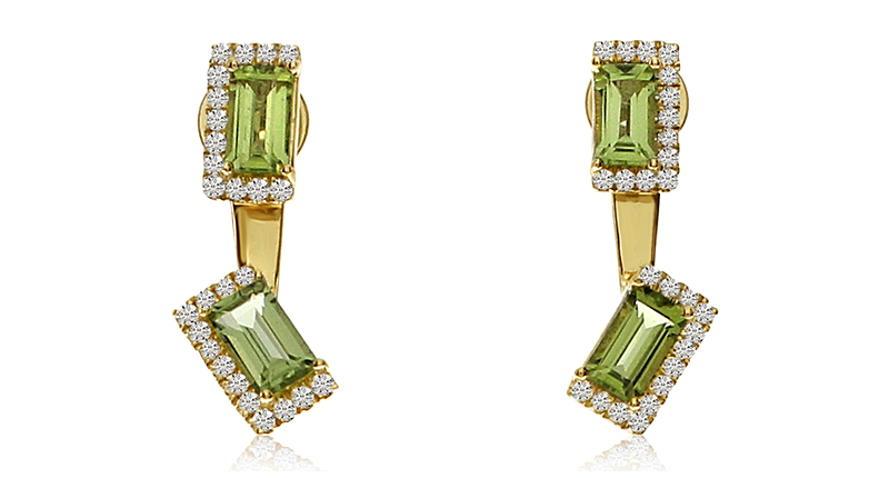 These earrings from Color Merchants feature four matching rectangle peridot stones weighing 1.10 total carats surrounded by 0.21 carats of diamonds ($1,499).