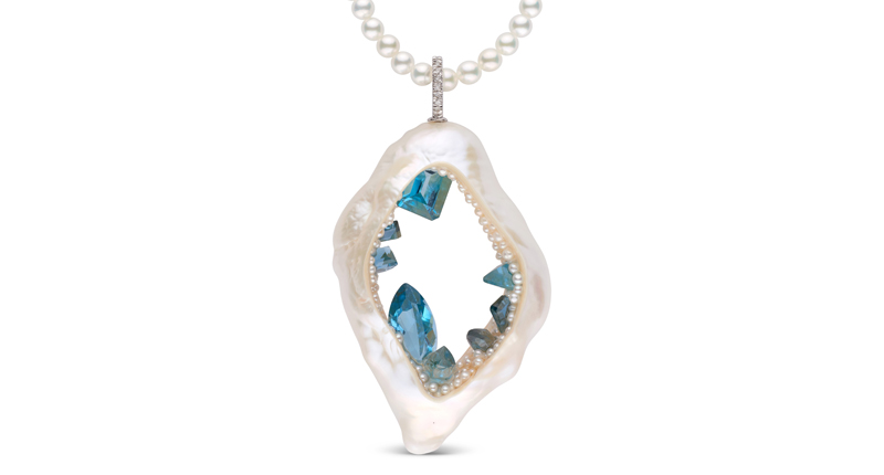 little h’s 14-karat white gold Grotto pendant with blue topaz and seed pearls embedded in Baroque pearl, and diamonds on clasp ($5,940)