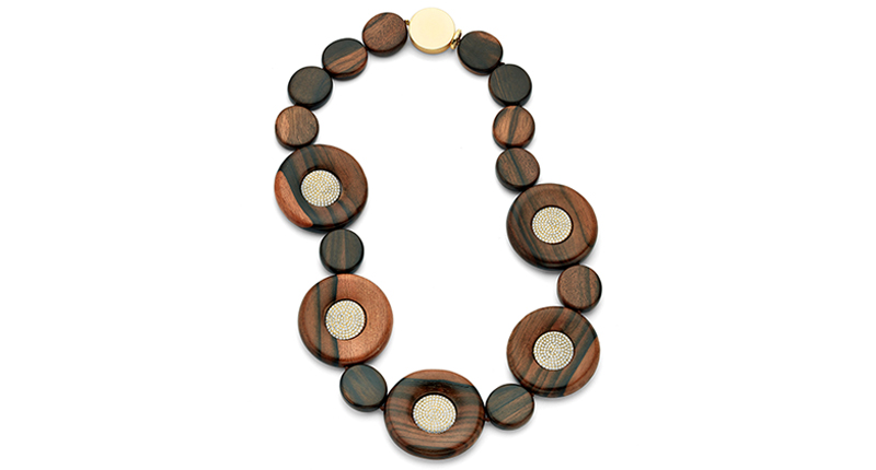 Pamela Huizenga’s necklace features round wood beads and pave diamond sections (9.16 total carats) with 18-karat gold (price available upon request).