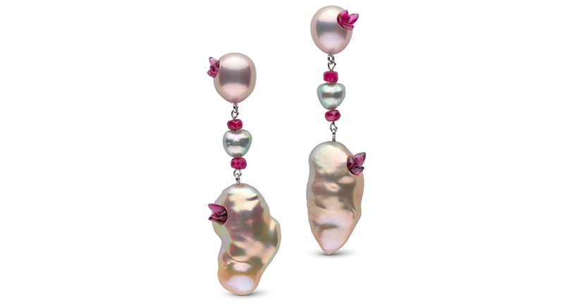 little h’s 14-karat white gold drop earrings with freshwater pearls and rubies ($900)