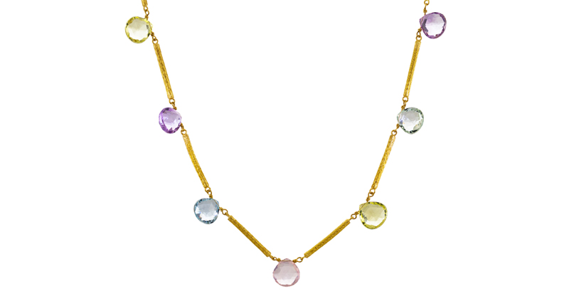 Marie-Hélène de Taillac’s 22-karat yellow gold “Pastel Briolette” necklace with amethyst, peridot, aquamarine and rose quartz ($6,260)<br /><em>Available at <a href="http://www.twistonline.com" target="_blank">TwistOnline.com</a></em>