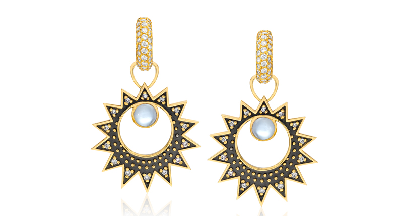 Lilly Street “Starlite Amulets” earrings in 18-karat yellow gold with black rhodium finish, diamonds and moonstones ($4,500) <br /><a href="http://www.lillystreet.com" target="_blank">LillyStreet.com</a>