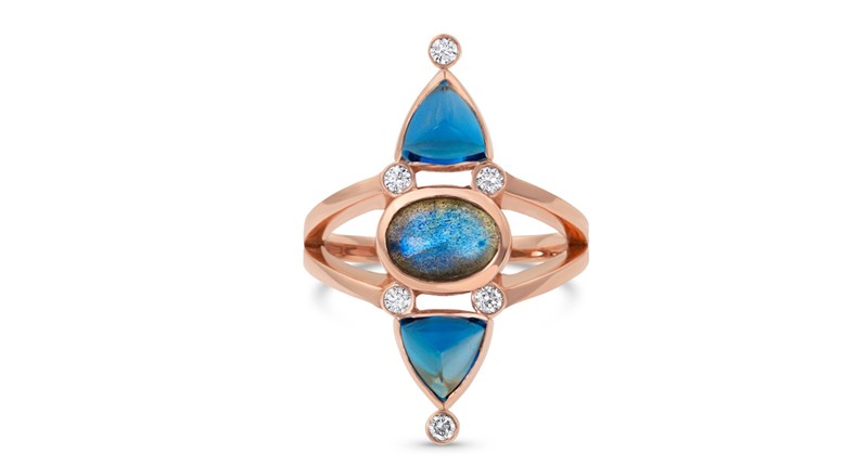 <p><a href="https://www.mspalten.com" target="_blank" rel="noopener">M. Spalten</a> triple stone ring with labradorite, cabochon blue topaz and diamond in 18-karat rose gold ($4,600) </p>