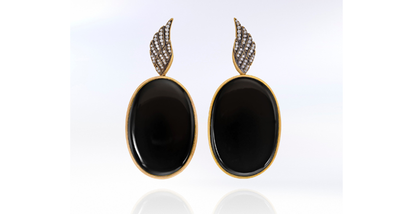 Wendy Brandes’ “Cleves Winged” earrings in satin-finish 18-karat yellow gold with onyx and diamonds ($12,000) <br /><a href="wendyBrandes.com" target="_blank">WendyBrandes.com</a>