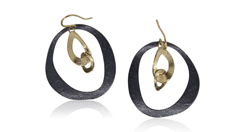 Oxidized sterling silver and 18-karat yellow gold Dangling Open Pebbles earrings by Rona Fisher ($695) <br /><a href="http://ronafisher.com/dangling-open-pebbles-silver-gold-earrings.html" target="_blank">RonaFisher.com</a>