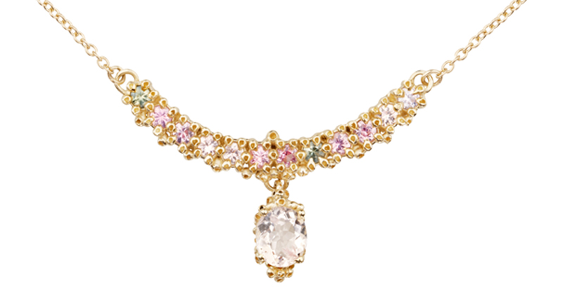 Ruta Reifen’s “Large Curve” necklace in 14-karat yellow gold with pink and green sapphires and morganite ($1,890)