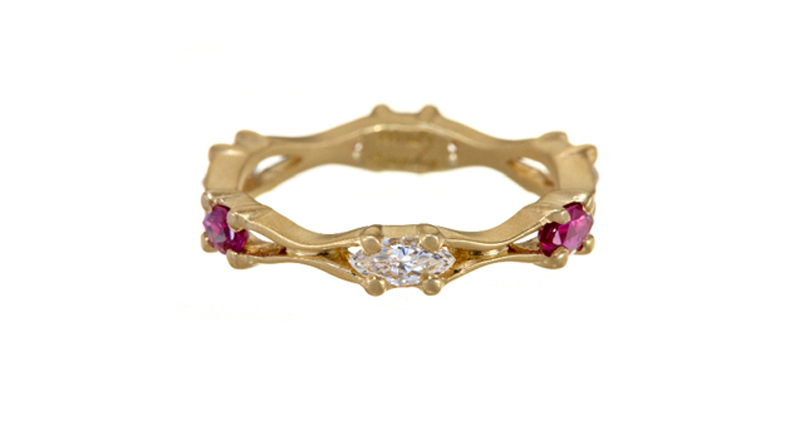 This ring is available as a limited-edition semi-mount and can be stacked with others. It’s made in 18-karat gold, though also available in 18-karat rose and white gold or platinum, and features diamonds and rubies, with the choice of alternate stones.