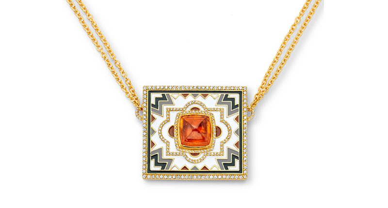 Buddha Mama 20-karat gold square enamel mandala necklace set with a mandarin garnet in center and diamond accents ($15,100) <br /><a href="http://www.buddhamama.com" target="_blank" rel="noopener noreferrer">BuddhaMama.com</a>
