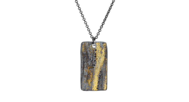 Todd Reed men’s collection dog tag in 22-karat yellow gold, 18-karat yellow gold, silver with patina, black brilliant-cut diamonds, and a raw diamond cube ($4,620) <br /><a href="http://www.toddreed.com" target="_blank">ToddReed.com</a>