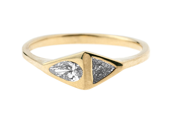 The geometric Pear Trillion ring is set with pear- and trillion-shaped diamonds and is available in 14-karat yellow, rose or white gold, 18-karat yellow or white gold and platinum ($1,966 to $2,441).