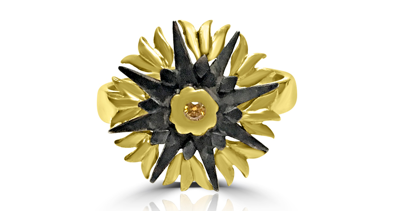 Vivaan Sunburst ring in yellow and blackened 18-karat gold with a natural burnt-orange diamond ($900) <br /><a href="http://www.vivaan.us" target="_blank">Vivaan.us</a>