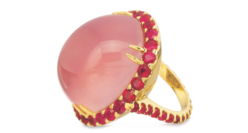 <a href="https://andrewglassfordjewels.com/" target="_blank" rel="noopener">Andrew Glassford</a> 18-karat yellow gold rose quartz with ruby halo ring ($14,900)