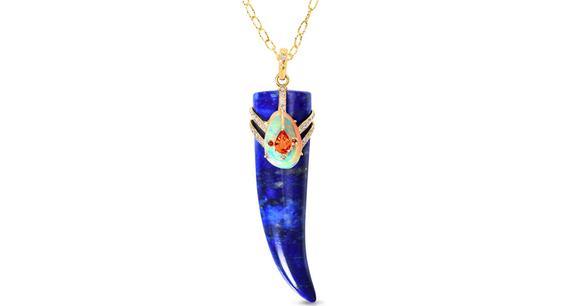 From Loriann Jewelry’s “Talisman” collection comes this horn-shaped lapis pendant with Ethiopian opal, fire opal and diamonds, set in 14-karat yellow gold on a 14-karat yellow gold chain ($2,900).