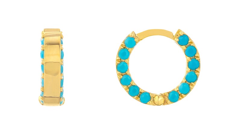 <p><a href="https://www.midaschain.com" target="_blank" rel="noopener">Midas Chain</a> 14-karat yellow gold huggie earrings with pave-set turquoise ($575) </p>