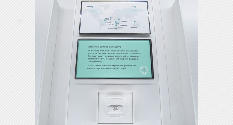 The Diamond Source Initiative displays in Tiffany’s showcases consist of, from top to bottom, the retailer’s diamond sourcing map, an explanation of the initiative and a single diamond labeled with country of origin, like this stone from South Africa.