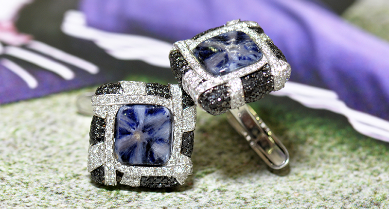 These cufflinks from <a href="http://www.ricardobasta.com/" target="_blank" rel="noopener noreferrer">Ricardo Basta Fine Jewelry</a> feature two trapiche sapphires totaling 12.83 carats, set in 18-karat white gold and accented with 420 white diamonds and 278 black diamonds ($12,000).
