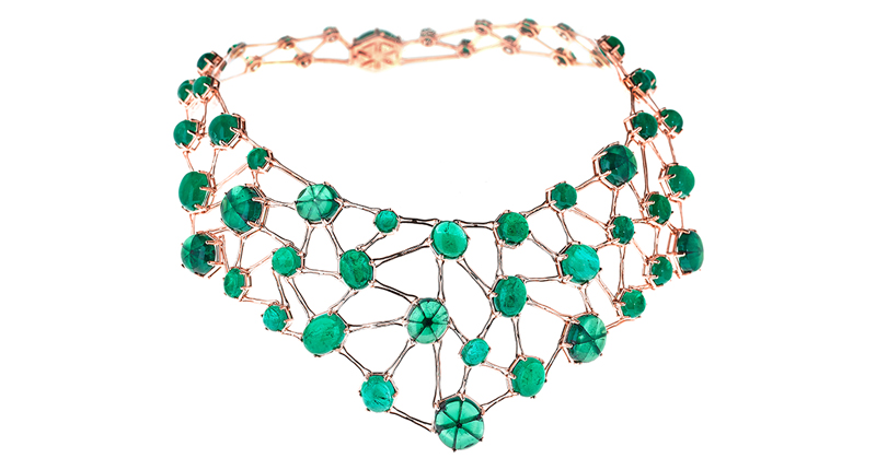 <a href="http://www.selimmouzannar.com" target="_blank" rel="noopener noreferrer">Selim Mouzannar’s</a> necklace--which won <a href="fashion/design-contests/4313-honoring-jewelry-design-and-remembering-a-legend" target="_blank" rel="noopener noreferrer">Best in Colored Gemstones Above 20K</a> at the Couture Design Awards in 2016--is comprised solely of natural emeralds from the Muzo mines in Colombia. Of 55 emeralds, eight are trapiche, and they total 163.26 carats. The necklace is for sale for $430,000.