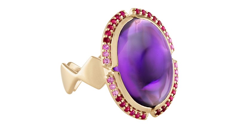 <p><a href="https://www.gigiferrantijewelry.com" target="_blank" rel="noopener">GiGi Ferranti</a> “Lucia” amethyst cabochon ring with pink sapphires and rubies set in 14-karat yellow gold  ($2,800) </p>