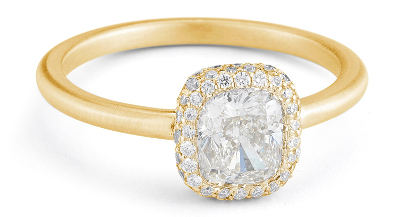 Like Markle's engagement ring, this style from romantic and modern designer Jade Trau also feature a cushion-shaped diamond, but with a unique pave diamond bezel setting. Trau designs the piece in yellow, rose or white gold, as well as in platinum. The style starts at $4,700 for a 14-karat gold version.