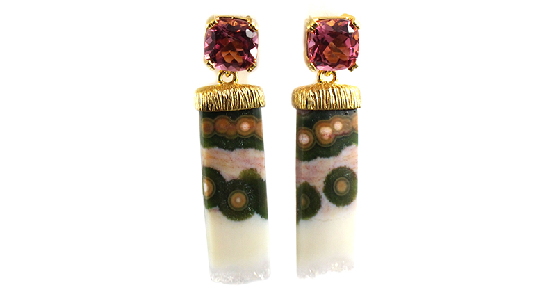 K. Brunini “Skipping Stones” earrings in 18-karat yellow gold and sterling silver with pink tourmaline and agate ($3,880)<br /><a href="http://www.kbrunini.com" target="_blank">KBrunini.com</a>