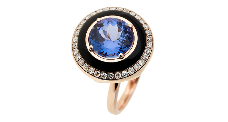This ring in Selim Mouzannar’s new Mina collection features tanzanite, diamonds and black enamel set in 18-karat rose gold ($5,360)
