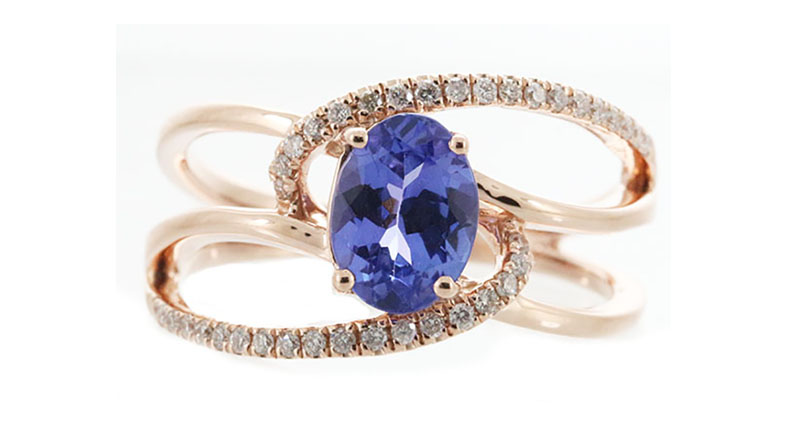 Cirari’s 14-karat rose gold ring with a 1.33-carat tanzanite and 0.20 carats of diamonds ($3,534)