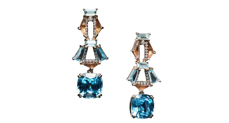 <p><a href="https://www.nakarmstrong.com" target="_blank" rel="noopener">Nak Armstrong</a> 20-karat rose gold suspender earrings with cushion cut blue zircons, andalusite, and white diamond pavé ($16,800) </p>