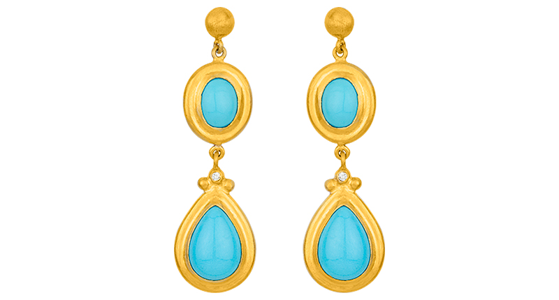 These are Lika Behar’s 24-karat gold “Didyma” earrings with oval and pear cabochon Sleeping Beauty turquoise and diamonds ($3,630). <a href="http://www.likabehar.com" target="_blank">LikaBehar.com</a>