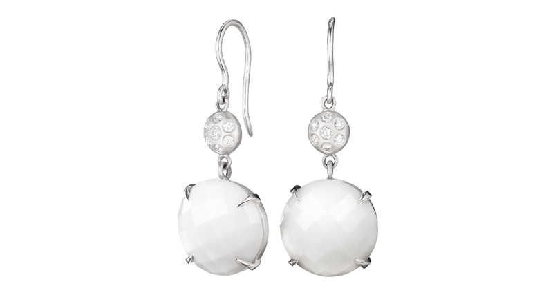 This is Carelle’s signature double drop earrings in 18-karat white gold with white agate and diamonds ($2,505)<br /><a href="http://www.carelle.com/" target="_blank">Carelle.com</a>