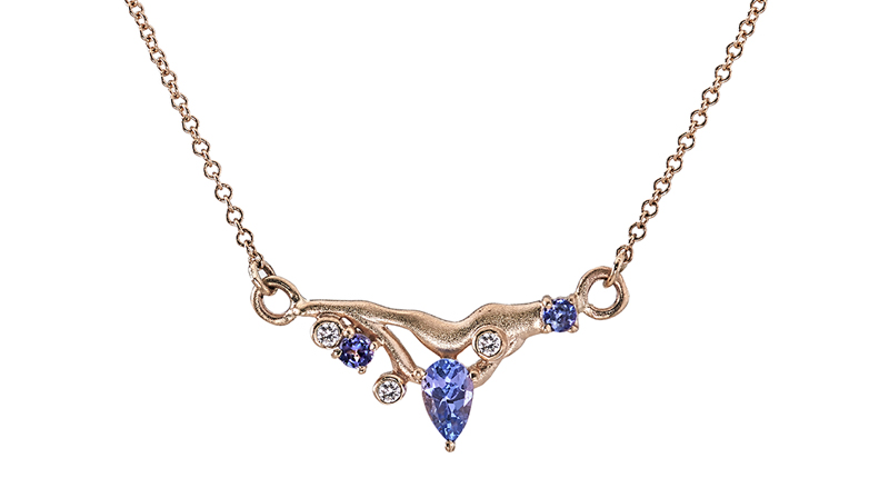 From Loriann Jewelry’s Provence collection, this pendant features tanzanite, diamonds and moonstones in 14-karat gold ($900)