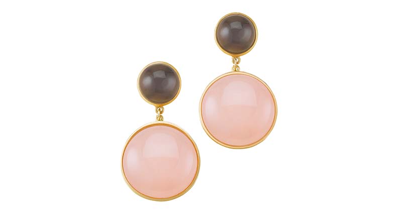 Sandy Leong’s rose quartz and moonstone “Bubble” earrings in 18-karat recycled yellow gold ($4,000)<br /><a href="http://www.sandyleongjewelry.com" target="_blank">SandyLeongJewelry.com</a>
