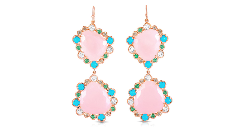 Fern Freeman’s 14-karat rose gold pink opal double drop earrings with champagne diamonds, turquoise, white sapphires and emeralds ($8,745) <a href="http://www.fernfreemanjewelry.com" target="_blank">FernFreemanJewelry.com</a>