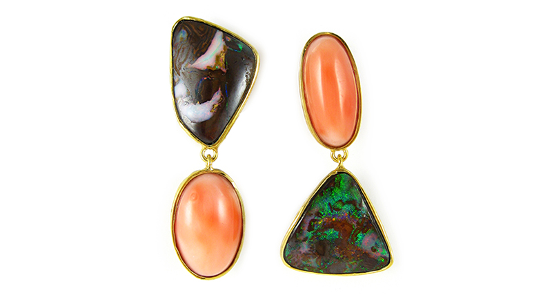 K. Brunini’s “Skipping Stones” earrings in 18-karat yellow gold with opals and angel skin coral ($9,560) <a href="http://www.kbrunini.com" target="_blank">KBrunini.com</a>