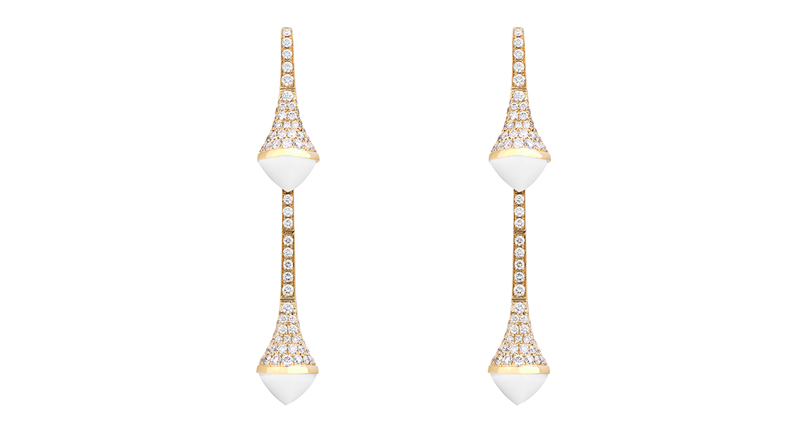 “Cleo” statement earrings from Marli in 18-karat yellow gold, diamonds and white agate ($6,200)<br /><a href="http://www.marlinyc.com" target="_blank">MarliNYC.com</a>