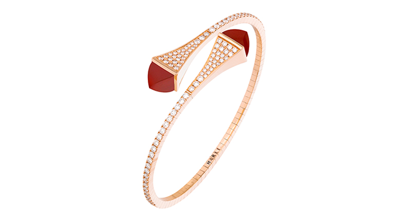 Marli’s “Cleo” statement slip-on bangle in 18-karat rose gold, diamonds and red agate ($7,700)<br /><a href="http://www.marlinyc.com" target="_blank">MarliNYC.com</a>