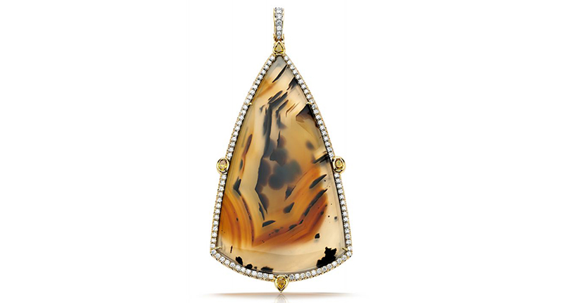 Pamela Huizenga’s one-of-a-kind 18-karat gold pendant with large a triangular Montana agate (82.70 total carats) and diamond frame (price available upon request)<br /><a href="http://www.pamelahuizenga.com" target="_blank">PamelaHuizenga.com</a>