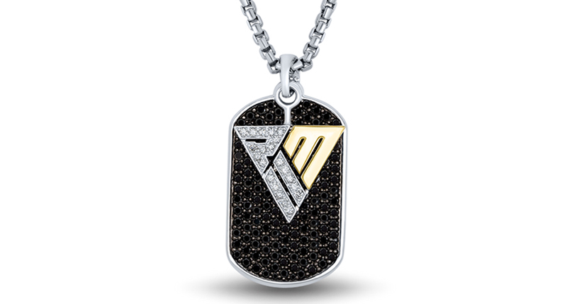 Patrick Mahomes Collection men’s 14-karat white and yellow gold dog tag pendant with 21 round brilliant white diamonds and 162 round brilliant black diamonds ($2,999)