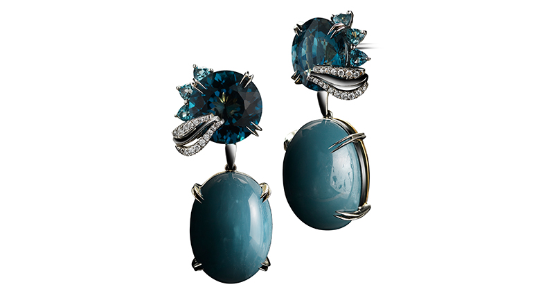 Alexandra Mor’s London blue topaz and aquamarine earrings set in platinum and 18-karat gold (price upon request) <a href="http://www.AlexandraMor.com" target="_blank">AlexandraMor.com</a>